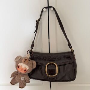 Coach Dark Brown Leather Shoulder Bag with Brass Buckle
